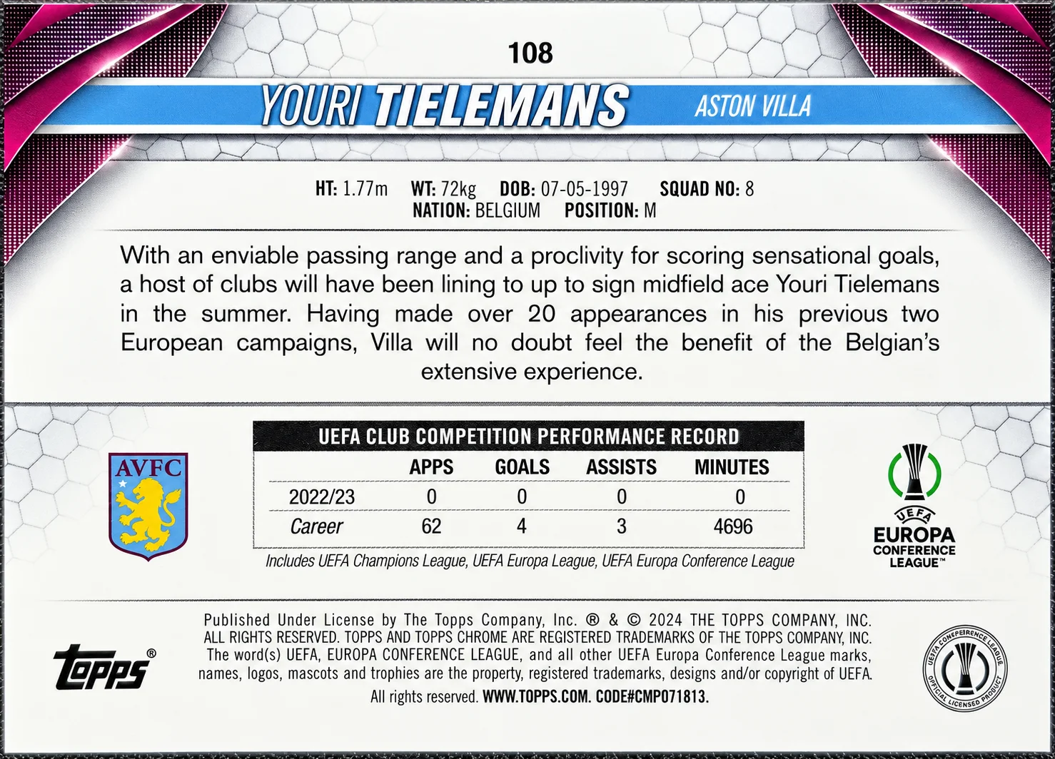 Youri Tielemans 2024 Topps Chrome UEFA Club Competitions
